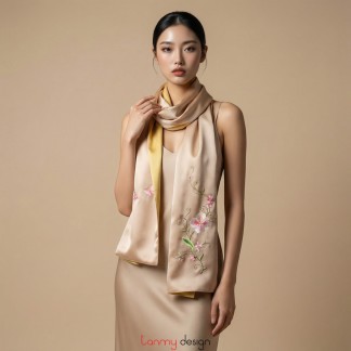 Khăn lụa 2 mặt kem thêu hoa dâm bụt leo 25*200 cm